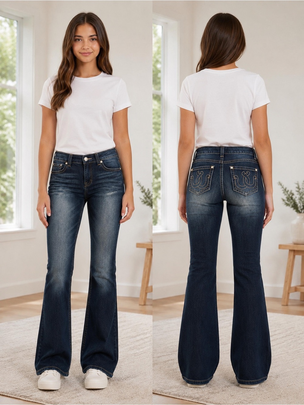 Montana Co Girls Dark-Wash Stretch Jeans Youth 16 Flare Western Embroidered